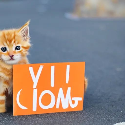 Image similar to cute fluffy orange tabby kitten with a sign that says