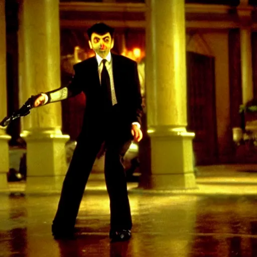 Image similar to mr. bean in vampires kiss. movie still. cinematic lighting.