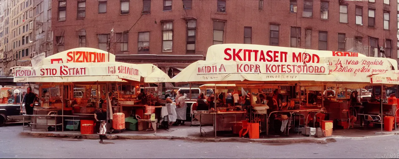 Prompt: medium shot, spaghetti food stand in downtown nyc, kodachrome, in the style of wes anderson, retro