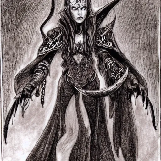 Image similar to dark elf sorceress who is summoning a demon in the style of warhammer fantasy : : head and shoulders drawing