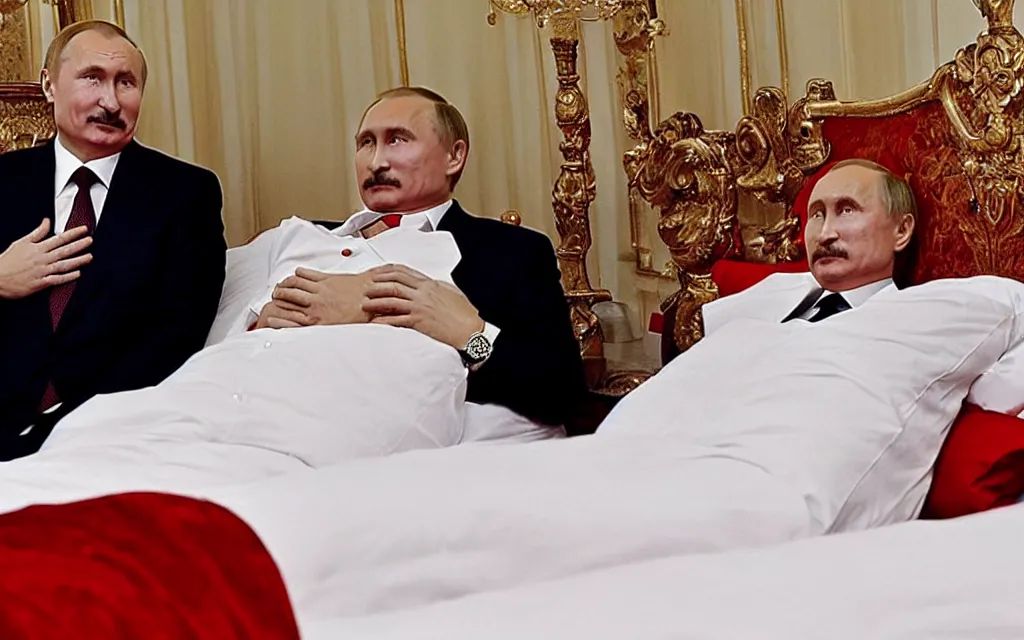 Image similar to lukashenko fall in love with putin romantic bed scene accidental shot by paparazzi