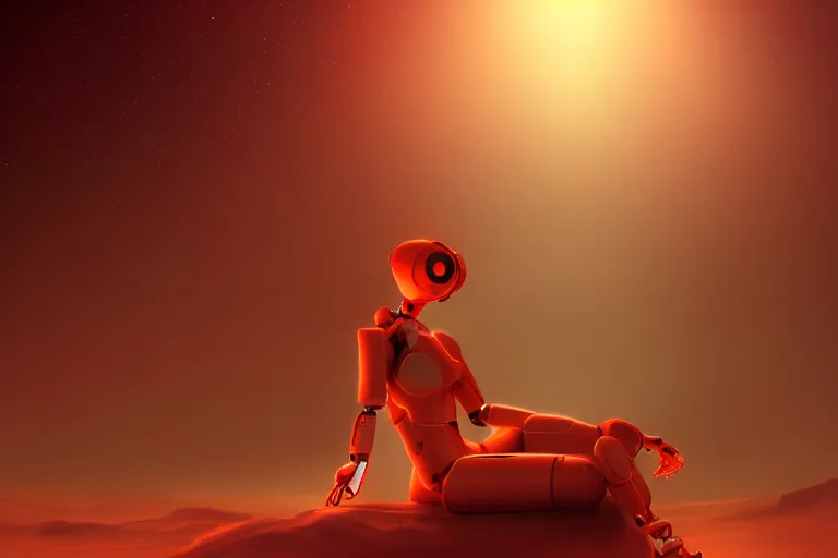 Image similar to a beautiful girl robot sitting on mars relaxing, red lighting, mist, digital art,