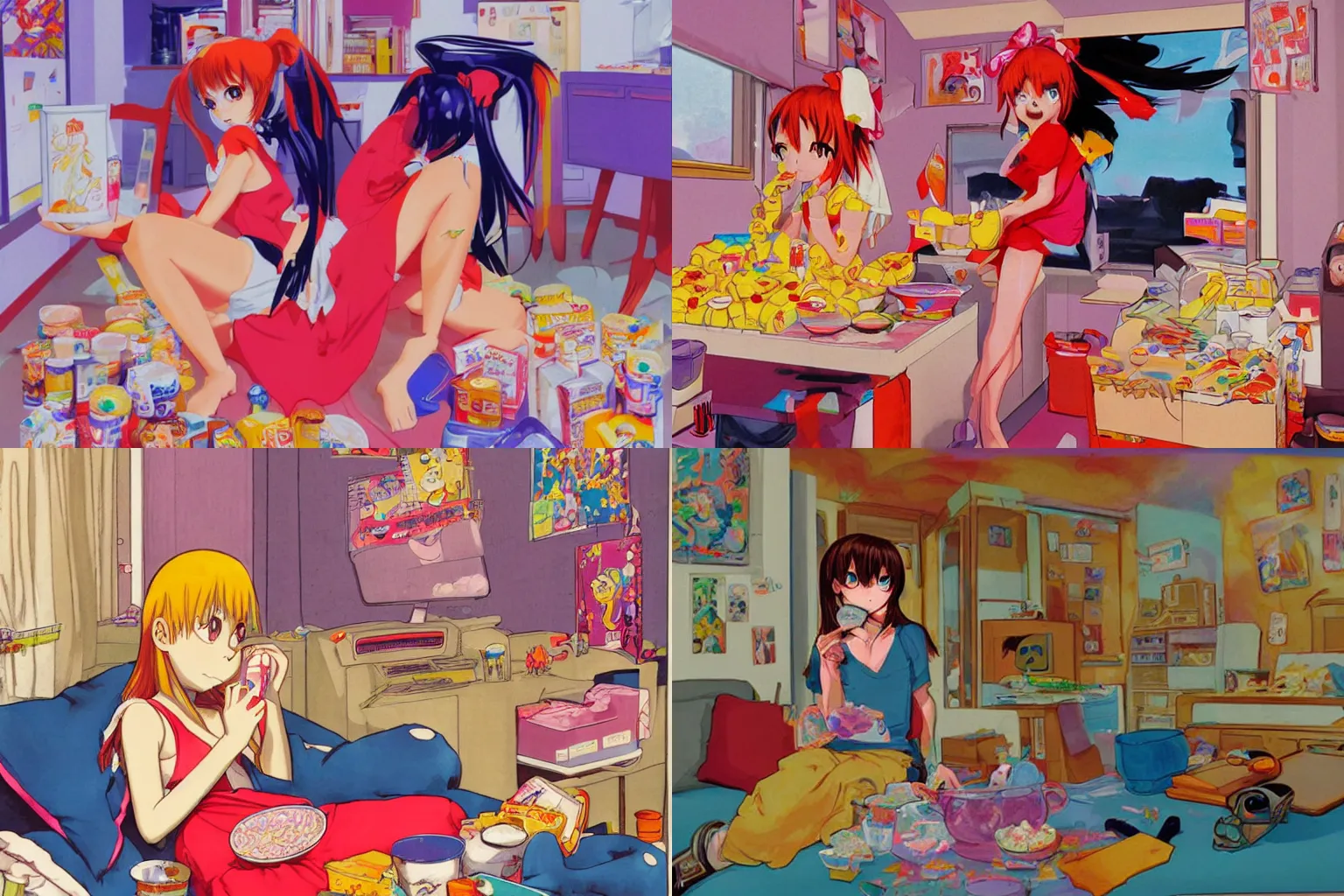 Prompt: 2000s studio gainax art of a girl overdosing on cereal in her room