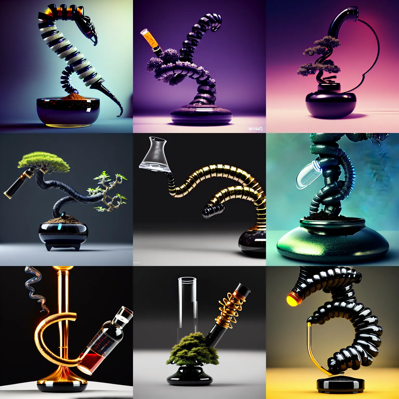 Prompt: smoking galactic obsidian biotech cyborg bonsai helical bong | polished rich elegant smooth iconic, weta disney movie still photo, hi - fructose, sci fi fantasy, golden ratio, octane render, sharp focus, artstation, concept art | dyson, feng zhu, rutkowski, beeple