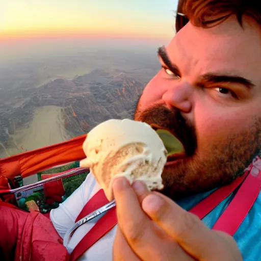 Image similar to jack black eating ice cream while riding in a hot air balloon with prince the musician, tv still, 8 k