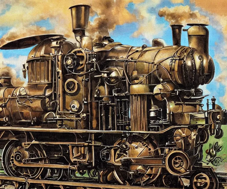 Image similar to steampunk train, 1 9 2 0 s, wet painting