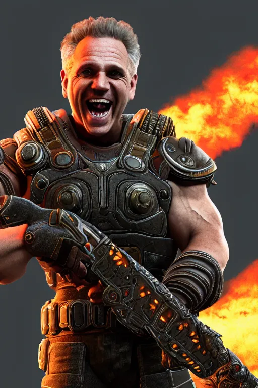 Image similar to Jordan B. Peterson as a muscular Gears of War character laughing, photorealism, half body, HDR ambient background, unreal engine 5, hyperrealistic, highly detailed, XF IQ4, 150MP, 50mm, F1.4, ISO 200, 1/160s, cinematic lights, Adobe Lightroom, photolab, Affinity Photo, PhotoDirector 365, realistic