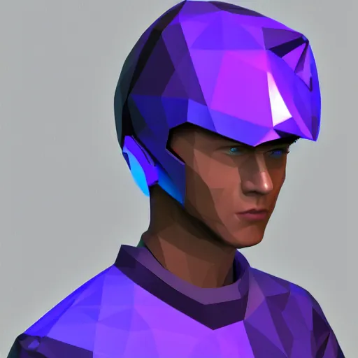 Image similar to low poly ps2 style render of a young cyberpunk man wearing a futuristic helmet in the style of Josan Gonzalez