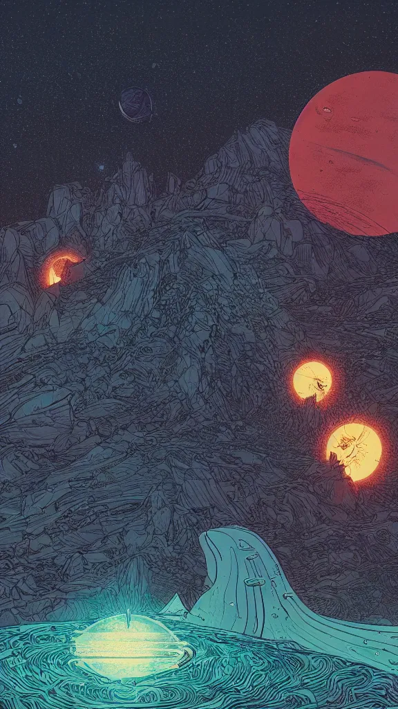 Image similar to highly detailed illustration of two planets colliding at night as seen from the beach by kilian eng, moebius, nico delort, oliver vernon, joseph moncada, damon soule, manabu ikeda, 4 k resolution