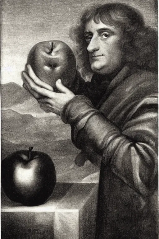 Image similar to isaac newton holding an apple, collage