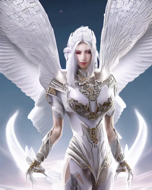 Image similar to perfect white haired egyptian goddess wearing white dove wings, warframe armor, regal, attractive, ornate, sultry, beautiful, dreamy, half asian, pretty face, blue eyes, detailed, scifi platform, 4 k, ultra realistic, epic lighting, android body, illuminated, cinematic, masterpiece, art by akihito tsukushi, voidstar, artgerm