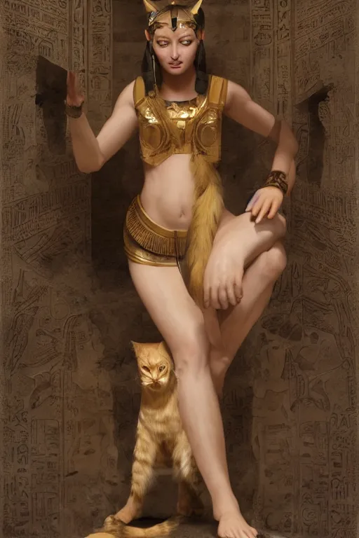 Image similar to portrait of the beautiful egyptian goddess, bastet, bast, woman / cat hybrid, soft torchlight in an egyptian tomb, digital art by ruan jia and mandy jurgens and artgerm and william - adolphe bouguereau, highly detailed, trending on artstation, award winning,