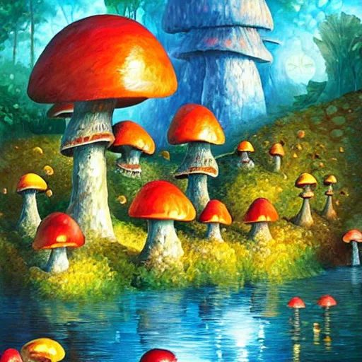 Image similar to glowing mushroom village, art by ricardo bofill, james christensen, rob gonsalves, paul lehr, leonid afremov and tim white