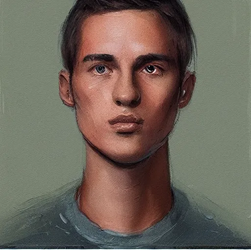 Prompt: Portrait of a man by Greg Rutkowski, he is about 20 years old, french features, straight jaw, attractive, short brown hair with bangs, athletic and strong, gallant, childhood friend vibes, he is wearing red and black utilitarian jumpsuit, highly detailed portrait, digital painting, artstation, concept art, smooth, sharp foccus ilustration, Artstation HQ.