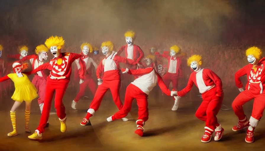 Image similar to highly detailed painting of a group of ronald mcdonalds with red afros, white facepaint, red noses and yellow tracksuits dancing on stage at a school talent show by william turner, by greg rutkowski, by william constable, thick brush strokes and visible paint layers, 4 k resolution