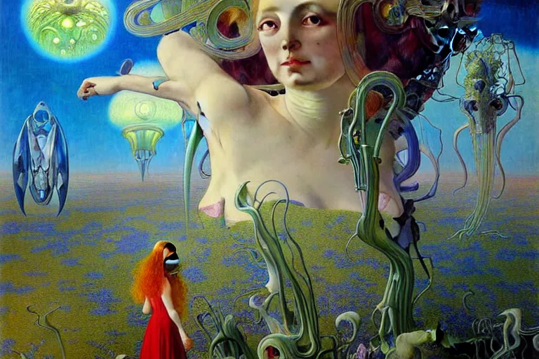 Prompt: realistic extremely detailed portrait painting of an alice in wonderland, futuristic sci-fi landscape on background by Jean Delville, Amano, Yves Tanguy, Ilya Repin, Alphonse Mucha, Ernst Haeckel, Edward Robert Hughes, Roger Dean, rich moody colours, blue eyes