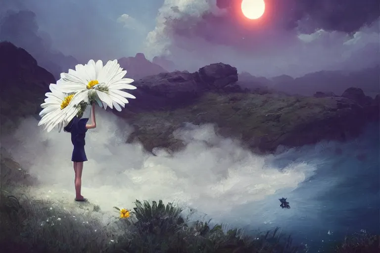 Prompt: huge white daisy flower blooming as a face, girl standing on cliff, surreal photography, solar eclipse, stars, dramatic light, impressionist painting, clouds, digital painting, artstation, james gilleard, liam wong, jeremy mann, simon stalenhag