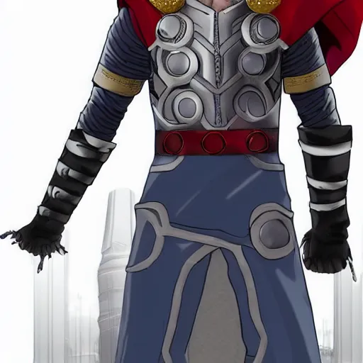 Prompt: adult killua zoldyck in thor's dark world mcu armor, full body armor, anime art, highly detailed