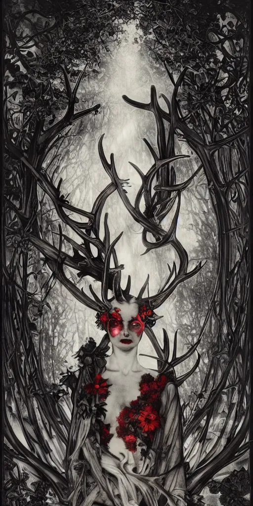 Image similar to intense glowing black metal pagan god with antlers and blood and intense glowing eyes with a goat skull in very dark forest by marco mazzoni and alphonse mucha, portrait, fantasy, clear, red and black and white, light beams, lens flare, intense, uhd, amazing depth, cinematic lighting