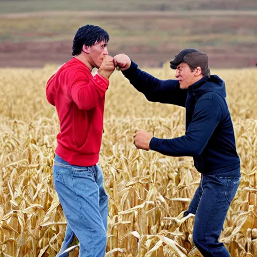 Image similar to rocky balboa punching joe biden in the middle of a corn maze