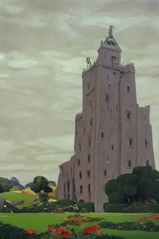 Image similar to view of the old tower and its gardens after a storm, tall windows lit up, beautiful ornamental architecture, dramatic cinematic lighting, rich colors, by Nicholas Roerich and and Caspar David Friedrich and ford madox brown and April Gornik and ((Diego Rivera)), featured on artstation