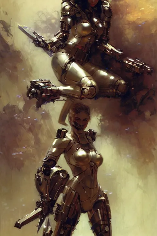 Image similar to futuristic women with medieval armor cyborg fighting dynamic poses, holding a gunsword, detail, beautifull face, no blur, painting by gaston bussiere, craig mullins, greg rutkowski, yoji shinkawa, sorayama