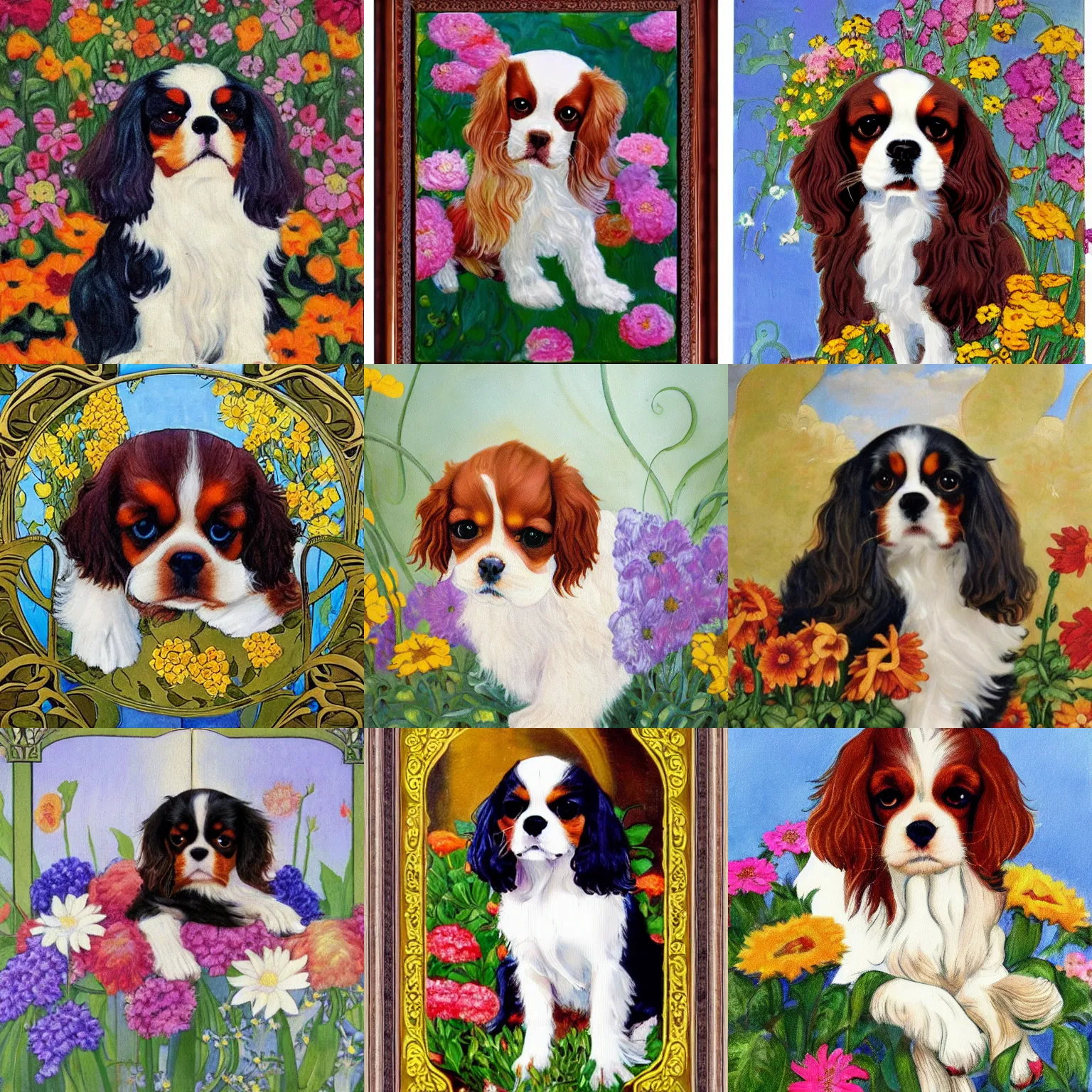 Prompt: fluffy cavalier king charles spaniel, surrounded by flowers, art nouveau painting