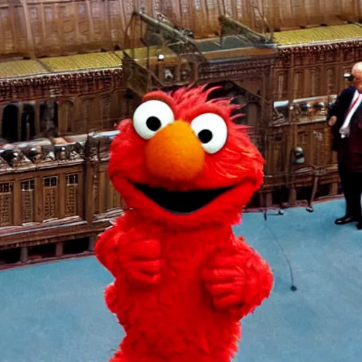 Image similar to Elmo speaking in british parliament while everything is burning around him