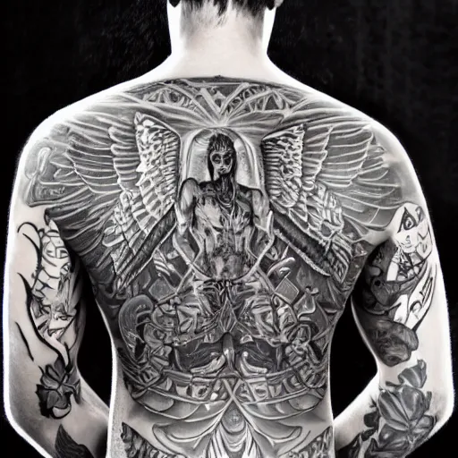 Prompt: beautiful androgynous fallen angel with tattoos on his body being cast from heavens, intricate, hd, high detailed, 4 k, art by grey rukowski