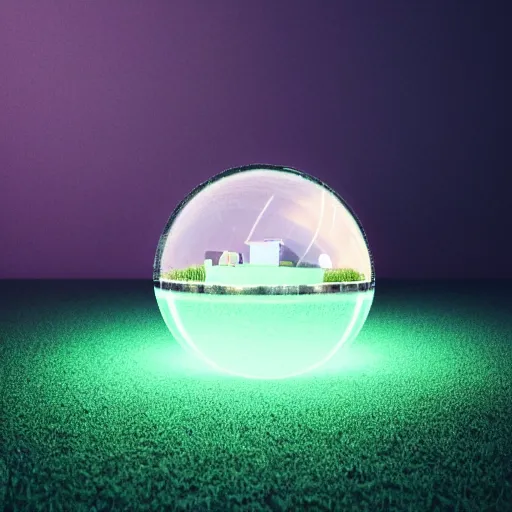 Prompt: crystal sphere with mini modern house with led strip lights inside it, octane render hyperdetailed,