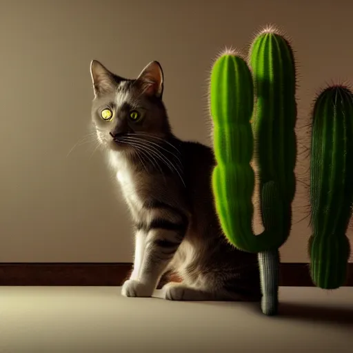 Image similar to A cat with a cactus, hyperrealistic 8K atmospheric render, very detailed