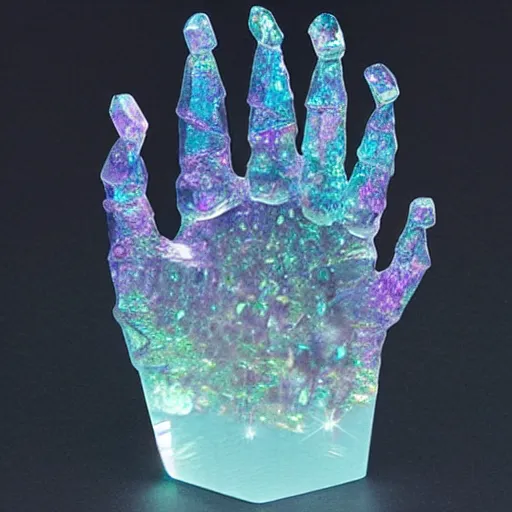 Image similar to “crystal hand sculpture made from iridescent translucent gemstone, 35 mm product photo”