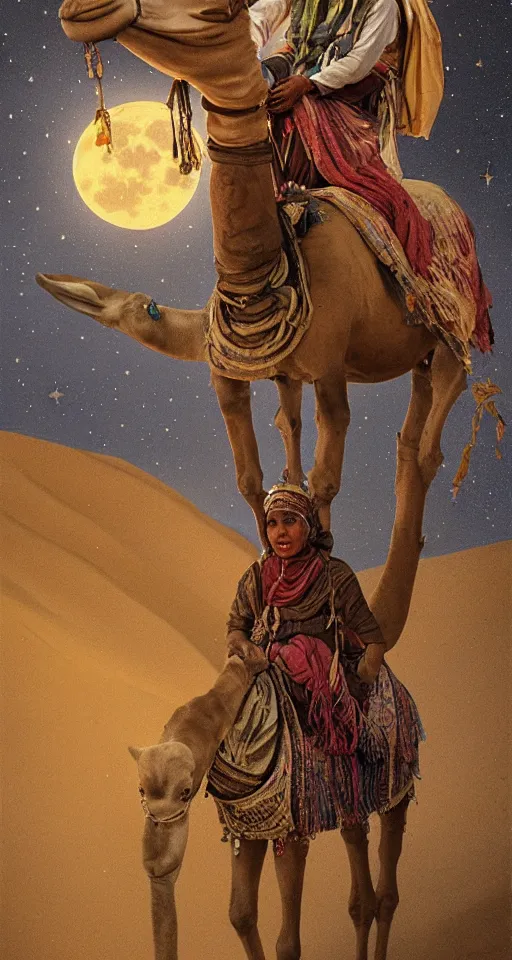 Image similar to an arabian merchant rides her camel in the desert at night, soft glow from a lantern, moon and stars in night sky, stunning, detailed oil paint