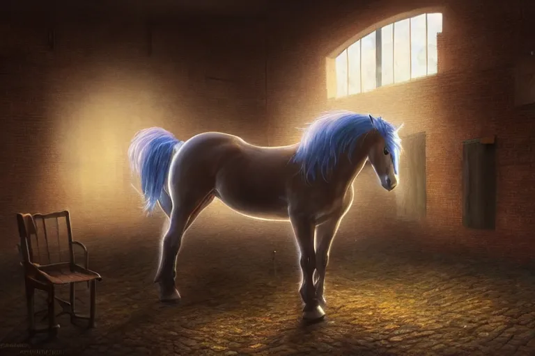 Image similar to A horse attempting to solve a jigsaw puzzle!!!, looking confused, cinematic lighting, evening light, stables, digital painting, volumetric light, concept art, trending on artstation