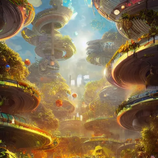 Image similar to a utopian city, filled with fauna, with bubbles floating around everywhere, dynamic lighting, fantasy concept art, trending on art station, stunning visuals, creative, cinematic, ultra detailed