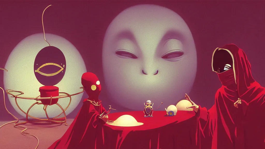 Image similar to an automata fortune teller wearing a mask telling a fortune to a mouse in a red velvet lounge with a crystal ball, anime film still from Studio Ghibli movie with art direction by Zdzisław Beksiński, wide lens