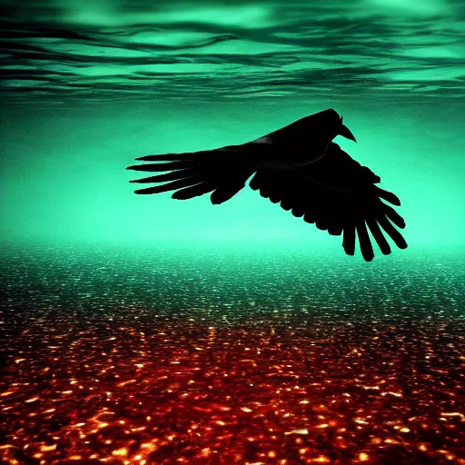 Image similar to crow underwater, glow, horror, creepy