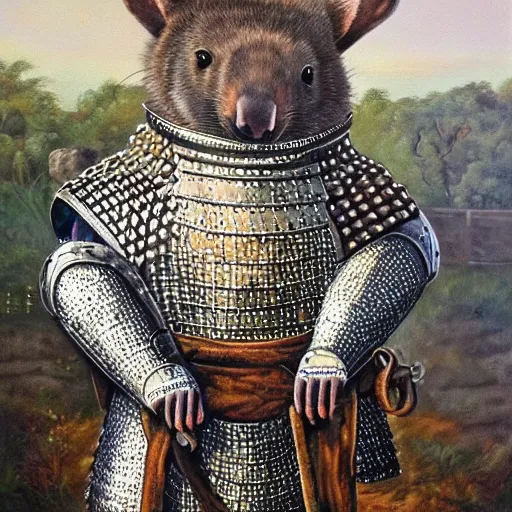 Prompt: an oil painting of a wombat wearing medieval chain mail and armor