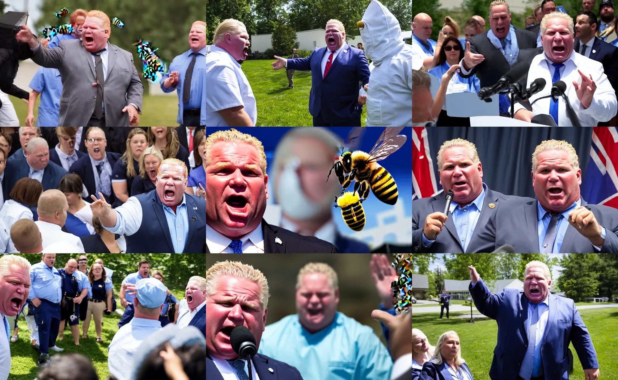 Prompt: doug ford yelling at healthcare workers as bees escape his mouth