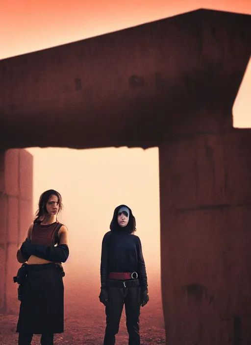 Image similar to cinestill 5 0 d photographic portrait by steve mccurry of two loving female androids wearing rugged black techwear on a desolate plain with a red sky in front of a brutalist structure, extreme closeup, cyberpunk style, dust storm, 8 k, hd, high resolution, 3 5 mm, f / 3 2, ultra realistic faces, ex machina