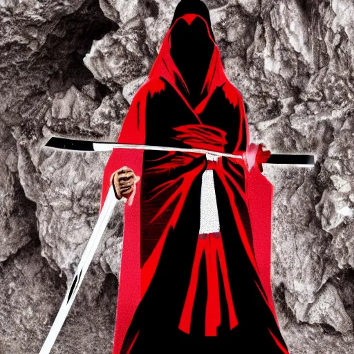 Image similar to samarai cloaked in white with swords, standing in light beam of a dark cave, ruby red sorrow, high quality, ultra detail