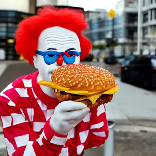 Prompt: KFC clown eating McDonald's burger