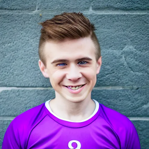 Image similar to photographic portrait of a young white male smiling with short brown hair that sticks up in the front, blue eyes, groomed eyebrows, tapered hairline, sharp jawline, wearing a purple white volleyball jersey, sigma 85mm f/1.4, 15mm, 35mm, 4k, high resolution, 4k, 8k, hd, full color