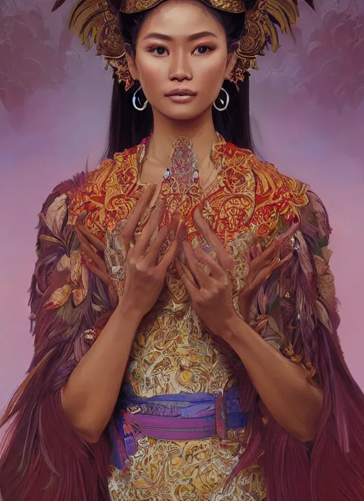 Image similar to portrait of an indonesian supermodels wearing traditional costume, highly detailed, digital painting, artstation, concept art, sharp focus, illustration, art by kittichai rueangchaichan and james gurney and alphonse mucha