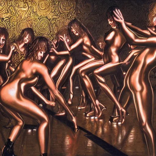 Prompt: A photo taken by Nan Goldin of metal women dancing by Hajime Sorayama in a moshpit, oil on canvas by Dan Witz in a club designed by Tom of Finland