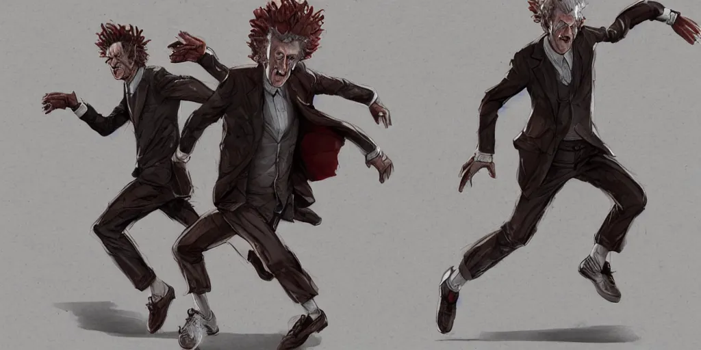 Prompt: cartoonish peter capaldi running, character sheet, fine details, concept design, contrast, kim jung gi, greg rutkowski, trending on artstation, 8 k, full body, turnaround, front view, back view, ultra wide angle