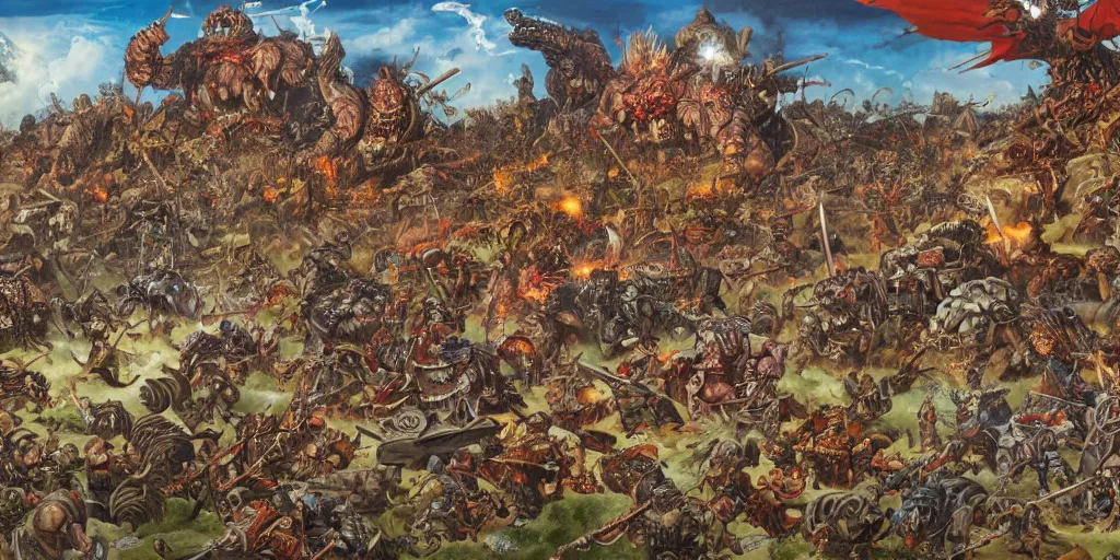 Image similar to Warhammer Original Artwork depicting a large battlescene at dusk by Geof Darrow and Peter Paul Rubens, Sprawling battlefeild of death with monsters and creatures, Full frame,dappled light,Retro Futurism,Studio Ghibli,Anime