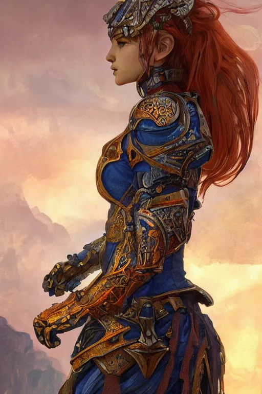 Image similar to portrait knights of Zodiac girl, metalic orange and dark blue reflected armor, in ruined Agora of Athens sunrise, ssci-fi, fantasy, intricate, very very beautiful, elegant, golden light, highly detailed, digital painting, artstation, concept art, smooth, sharp focus, illustration, art by tian zi and WLOP and alphonse mucha