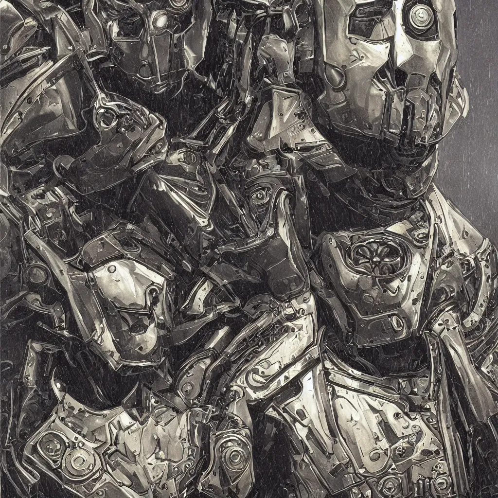 Image similar to hyperrealistic art nouveau bust portrait of Doctor Doom in shining mechanical armor by Kyle Hotz and Michael Golden, with rich atmospheric colors, 8k, sinister ambience, perfect comic illustration, accurate symmetrical anatomy and details, metallic art nouveau border designs, precise machinery, perfect symmetry, futuristic, medieval, dystopian, Blade Runner, Bernie Wrightston