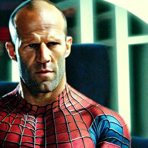 Image similar to jason statham as unmask spiderman, an film still